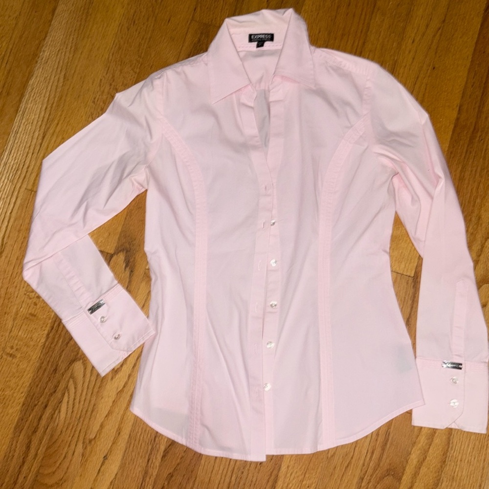 Express Essential Stretch Small Petite, Light, Pink, Long Sleeve Button Down